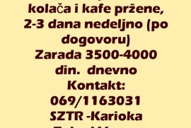 Potreban prodavac kolača i kafe pržene, 2-3 dana nedeljno(po dogovoru), Beograd (Savski Venac)