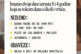 Posao za stalno: Briga o deci 4 i 8 godina, Beograd (Zvezdara)