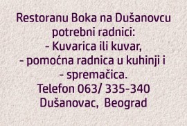 Restoranu Boka na Dušanovcu potrebni radnici:, Beograd